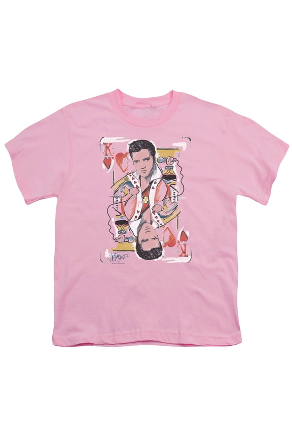 ELV572-YT-2 Elvis Presley & King of Hearts Youth 18-1 Short Sleeve T-Shirt, Pink - Medium