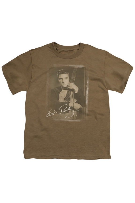 ELV616-YT-1 Elvis Presley & Guitar Man Youth 18-1 Short Sleeve T-Shirt, Safari Green - Small