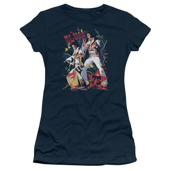 Trevco ELV639-JS-2 Elvis Presley & Eagle Elvis Juniors Sheer Cap Short Sleeve T-Shirt, Navy - Medium
