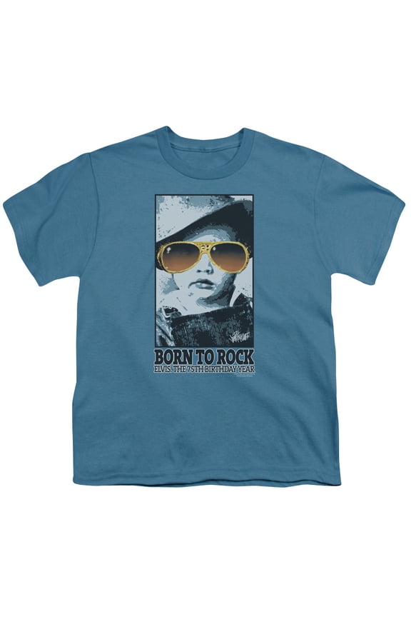 ELV653-YT-3 Elvis Presley & Born to Rock Youth 18-1 Short Sleeve T-Shirt, Slate - Large