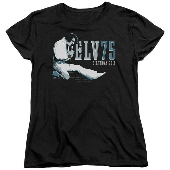 Trevco ELV654-WT-2 Elvis Presley & Elv 75 Logo Womens Short Sleeve T-Shirt, Black - Medium