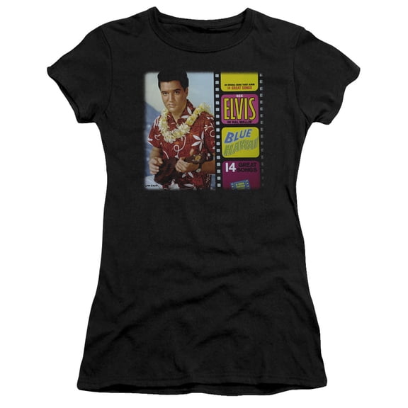 Trevco ELV663-JS-1 Elvis Presley & Blue Hawaii Album Juniors Sheer Cap Short Sleeve T-Shirt, Black - Small