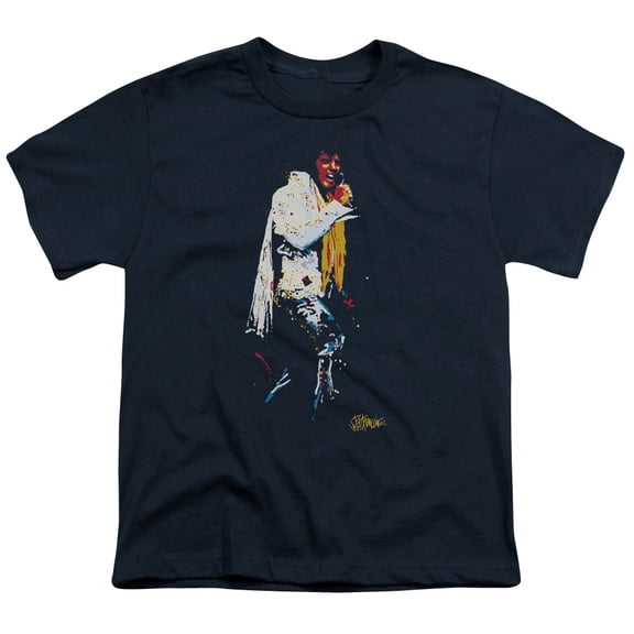 Trevco ELV689-YT-1 Elvis Presley & Yellow Scarf Youth 18-1 Short Sleeve T-Shirt, Navy - Small