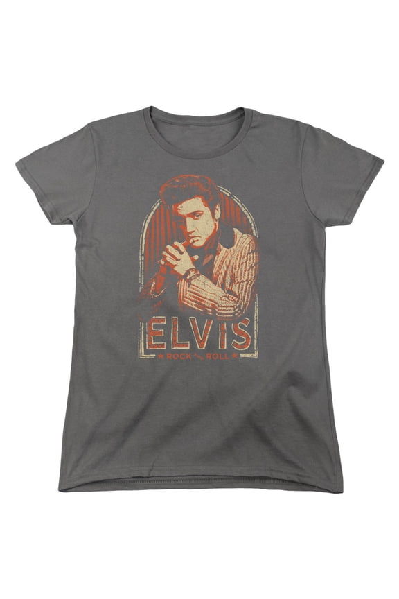 ELV865-WT-3 Elvis Presley & Stripes Short Sleeve Womens T-Shirt, Charcoal - Large