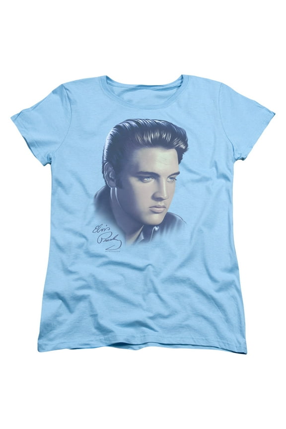 ELV283-WT-2 Elvis Presley & Big Portrait Womens Short Sleeve T-Shirt, Light Blue - Medium