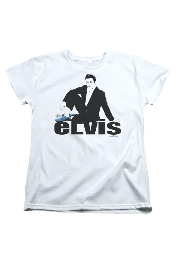 ELV571-WT-2 Elvis Presley & Blue Suede Womens Short Sleeve T-Shirt, White - Medium