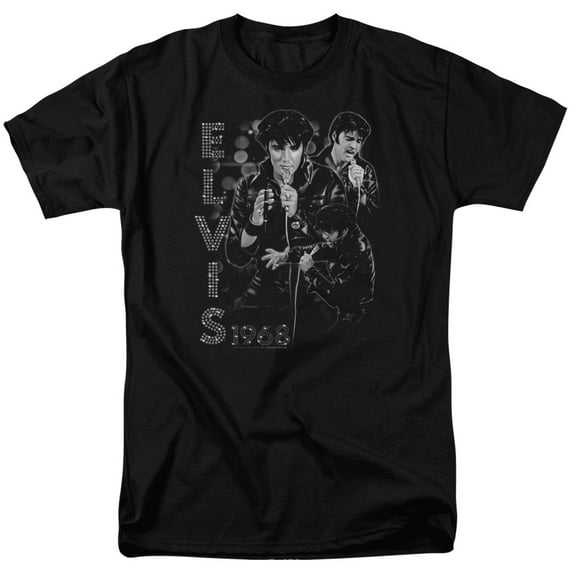 Trevco ELV779-AT-3 Elvis Presley & Leathered Short Sleeve Adult 18-1 T-Shirt, Black - Large