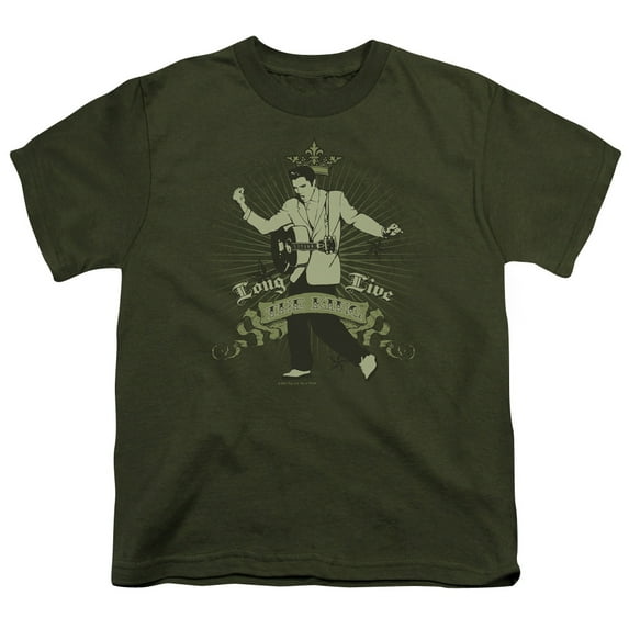 Trevco Elvis Presley & Long Live the King Youth 18-1 Short Sleeve T-Shirt, Military Green - Large