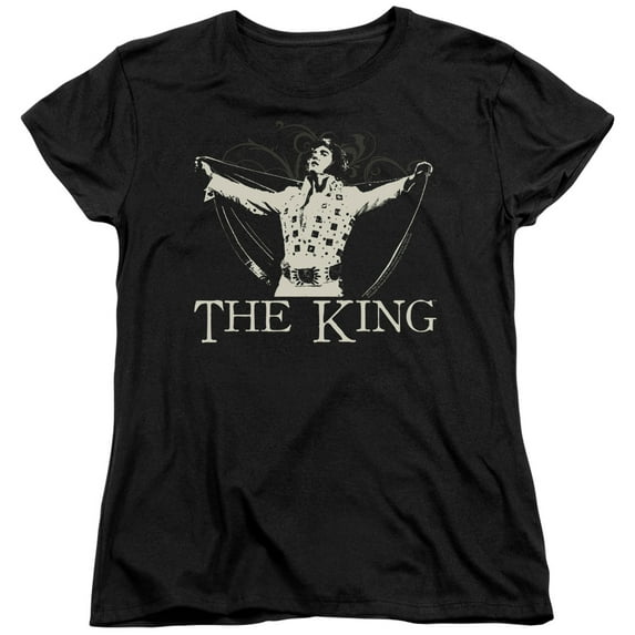 Trevco ELV812-WT-3 Elvis Presley & Ornate King Short Sleeve Womens T-Shirt, Black - Large