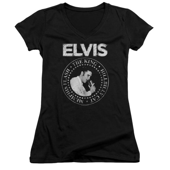 Trevco Elvis Presley Rock King Junior V-Neck Women T-Shirt, Black - Small