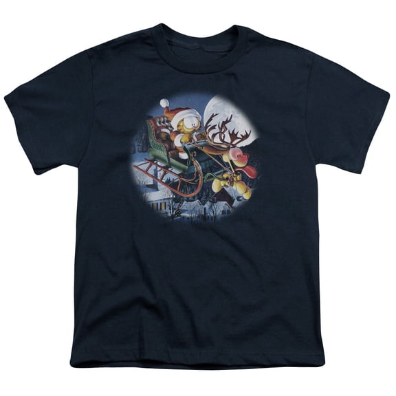 Trevco GAR307-YT-4 Garfield Moonlight Ride Short Sleeve Youth 18-1 T-Shirt, Navy - Extra Large