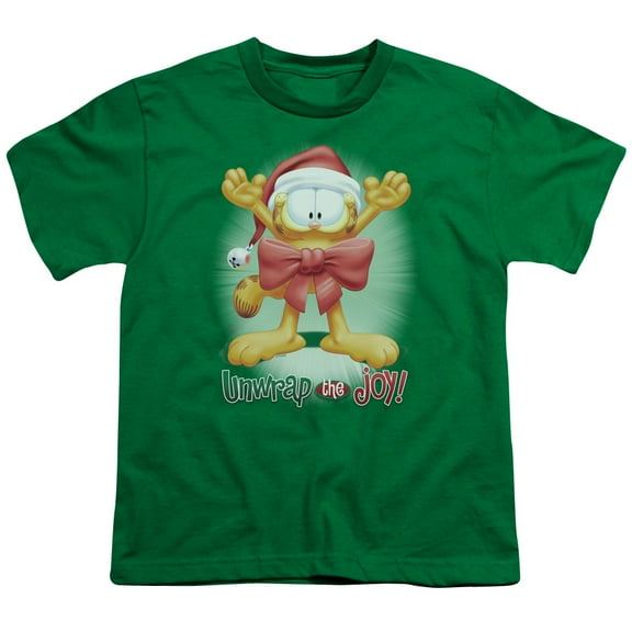 Trevco GAR324-YT-1 Garfield Unwrap the Joy Short Sleeve Youth 18-1 T-Shirt, Kelly Green - Small