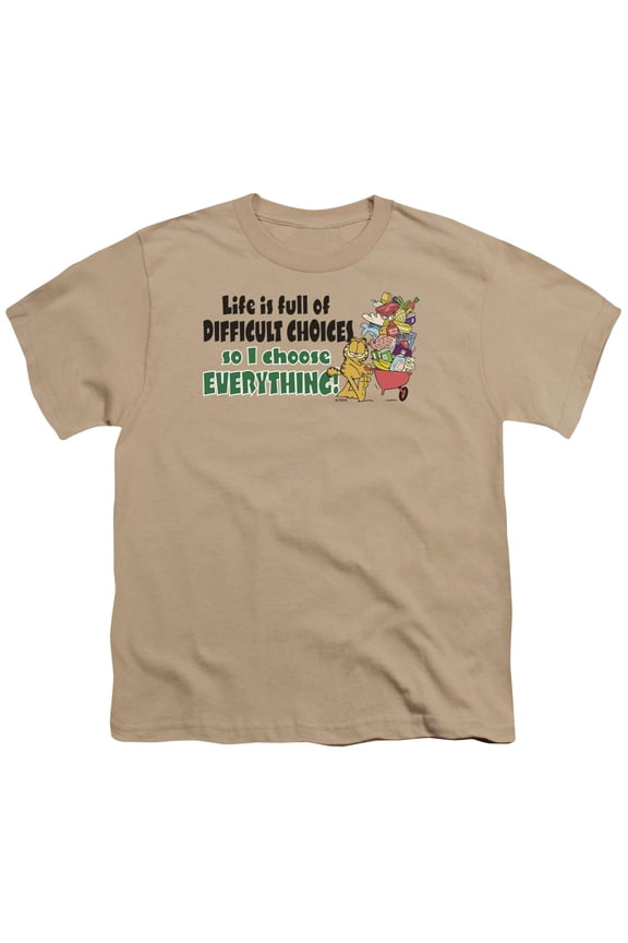 GAR375-YT-4 Garfield Difficult Choices Short Sleeve Youth 18-1 T-Shirt, Sand - Extra Large