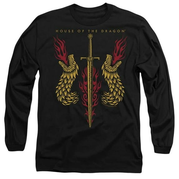 Trevco GOT279-AL-6 House of the Dragon & Sword & Dragon Heads-Long Sleeve Adult 18-1 T-Shirt, Black - 3X