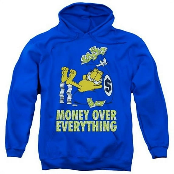 Trevco Garfield-Money Is Everything Adult Pull-Over Hoodie, Royal Blue - Large