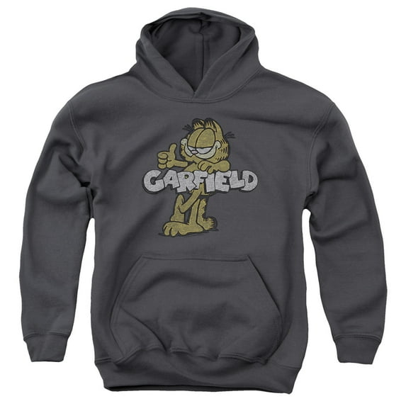 Trevco Garfield-Retro Garf Youth Pull-Over Hoodie- Charcoal - Medium
