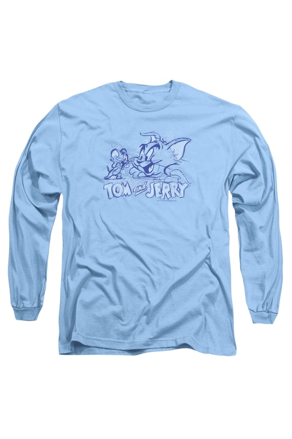 HNB109B-AL-1 Tom & Jerry Sketchy Long Sleeve T-Shirt with 18-1 Thickness for Adult, Carolina Blue - Small