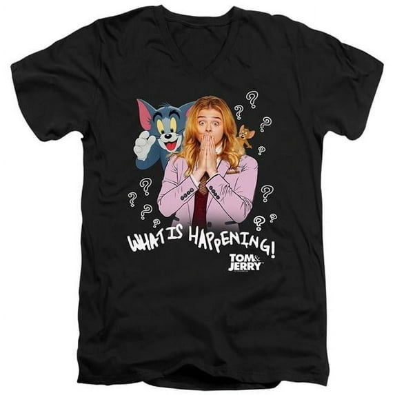 Trevco HNB320-AV-5 Tom & Jerry Movie & What Is Happening Short Sleeve Adult V-Neck 30-1 T-Shirt, Black - 2X