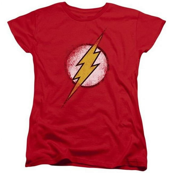 Trevco Jla-Destroyed Flash Logo Short Sleeve Womens Tee- Red - Medium