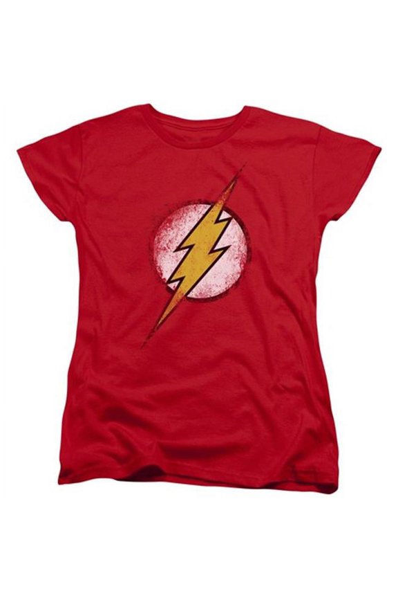 Trevco Jla-Destroyed Flash Logo Short Sleeve Womens Tee- Red - Medium
