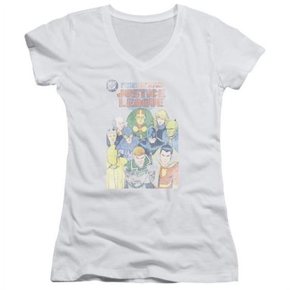 Trevco Jla-Justice League No. 1 Cover Junior V-Neck Tee, White - Large