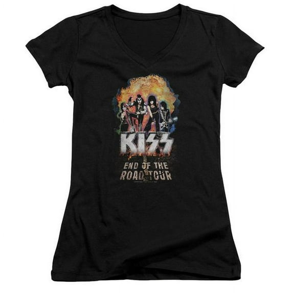 Trevco KISS257-JV-2 Kiss & Boom Print Juniors Sheer Cap Sleeve V-Neck T-Shirt, Black - Medium