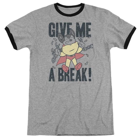 Trevco Mighty Mouse & Give Me a Break Adult Ringer Short Sleeve T-Shirt, Heather & Black - 3X
