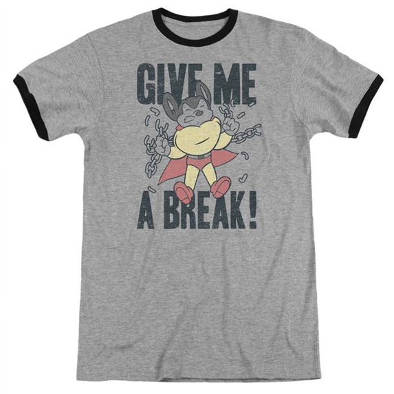 Trevco Mighty Mouse & Give Me a Break Adult Ringer Short Sleeve T-Shirt, Heather & Black - Small
