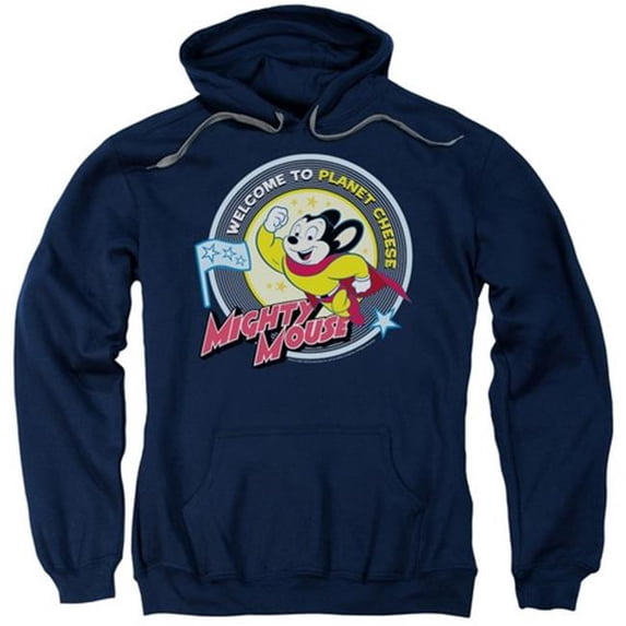 Trevco Mighty Mouse-Planet Cheese - Adult Pull-Over Hoodie - Navy- Extra Large
