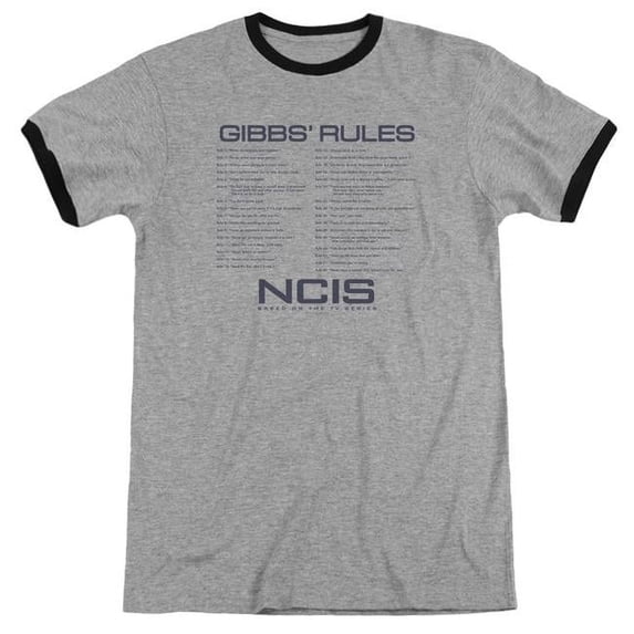 Trevco NCIS & Gibbs Rules Adult Ringer Short Sleeve T-Shirt, Heather & Black - Medium