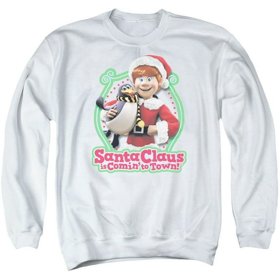 Trevco DRM130-AS-4 Santa Claus is Comin to Town & Penguin Adult Crewneck Sweatshirt, White - Extra Large