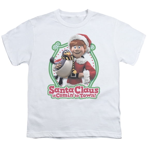 Trevco DRM130-YT-2 Santa Claus is Comin to Town & Penguin Youth 18-1 Short Sleeve T-Shirt, White - Medium