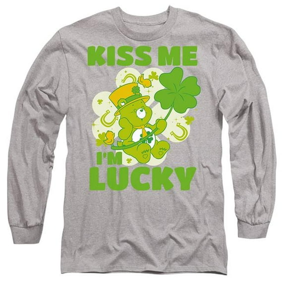 Trevco Sportswear CBR10048SPD-AL-3 Care Bears Kiss Me IM Lucky St. Patricks Day Good Luck Bear Adult Long Sleeve T-Shirt, Athletic Heather - Large