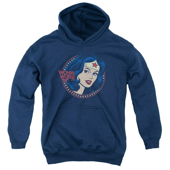 Trevco Sportswear DCO918-YFTH-3 DC Wonder Woman 75 Starburst Portrait Youth Hooded Sweatshirt, Navy - Large