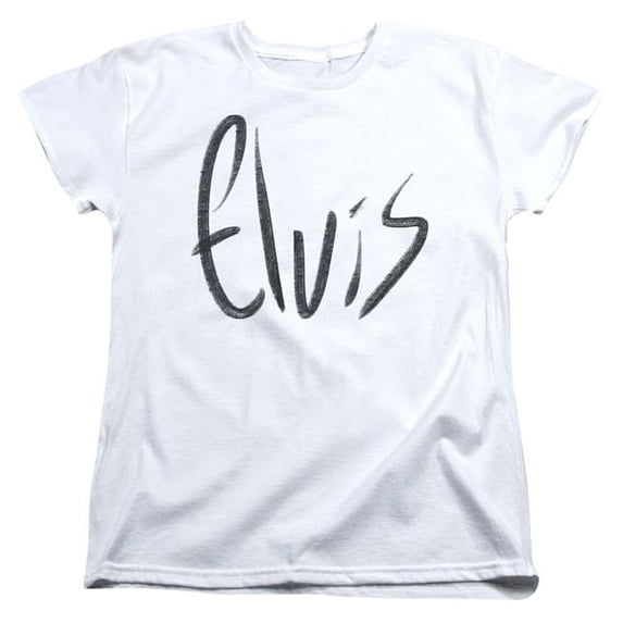 Trevco Sportswear ELV836-WT-3 Elvis Presley Sketchy Name Womens Short Sleeve T-Shirt, White - Large