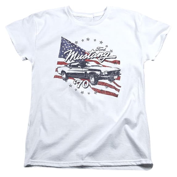 Trevco Sportswear FORD212-WT-3 Ford Mustang 70 Mustang Womens Short Sleeve T-Shirt, White - Large