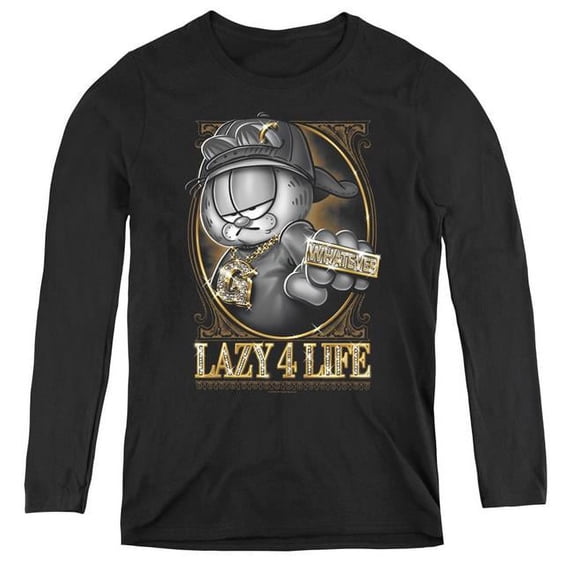 Trevco Sportswear GAR504-WL-2 Garfield & Lazy 4 Life Womens Long Sleeve T-Shirt Black - Medium