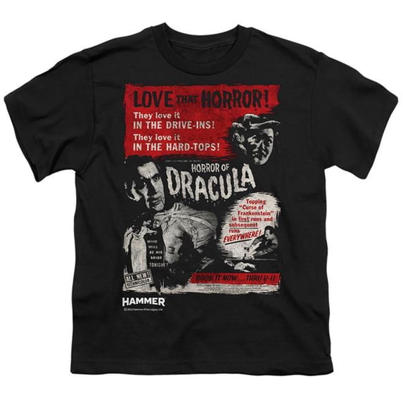 Trevco Sportswear HHOH10022-YT-4 Hammer House of Horror Love Horror of Dracula Youth Short Sleeve T-Shirt, Black - Extra Large