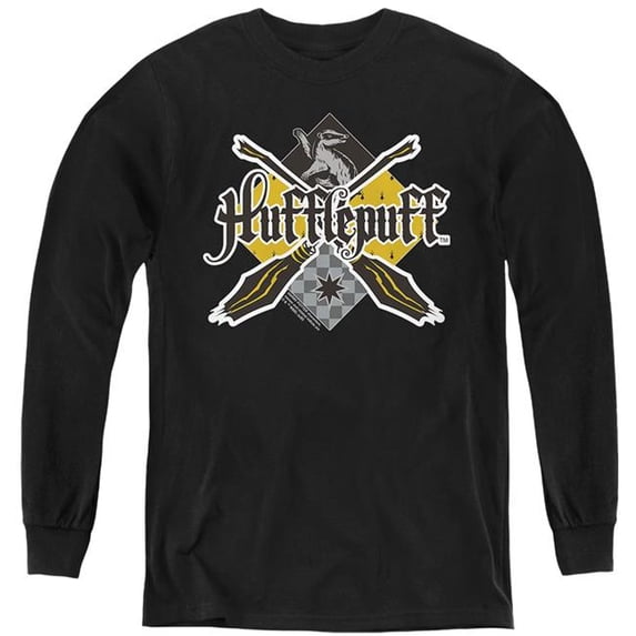 Trevco Sportswear HP8417-YL-4 Harry Potter Hufflepuff Broomstick Decalr Logo Long Sleeve Youth T-Shirt, Black - Extra Large