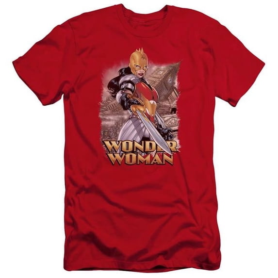 Trevco Sportswear JLA604-PSF-5 JLA Wonder Woman Premium Canvas Adult Slim Fit 30-1 Short Sleeve T-Shirt, Red - 2X