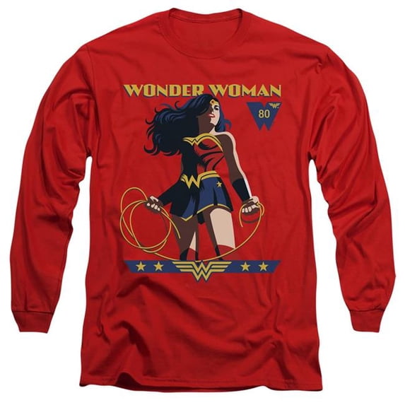 Trevco Sportswear JLA1301-AL-3 Wonder Woman 80th Stance Adult Long Sleeve T-Shirt, Red - Large