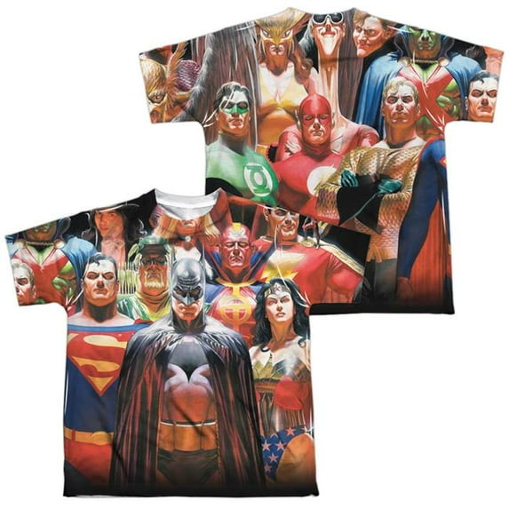 Trevco Sportswear JLA529FB-YTPP-3 JLA Wall of Heroes Front & Back Print Youth Short Sleeve T-Shirt, White - Large