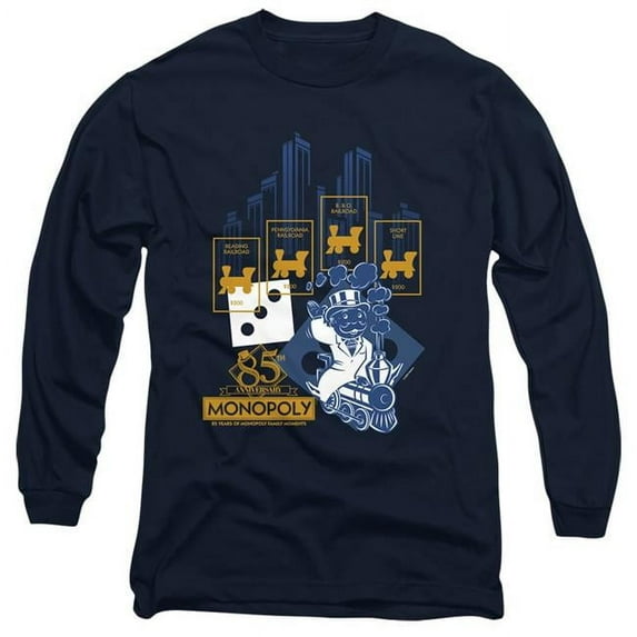 Trevco Sportswear HBRO403-AL-4 Monopoly The True Railroad Tycoon Adult Long Sleeve T-Shirt, Navy - Extra Large