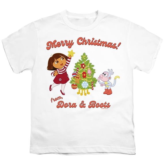 Trevco Sportswear NICK10211-YT-2 Dora The Explorer Happy Holidays From Dora & Boots Youth Short Sleeve T-Shirt, White - Medium