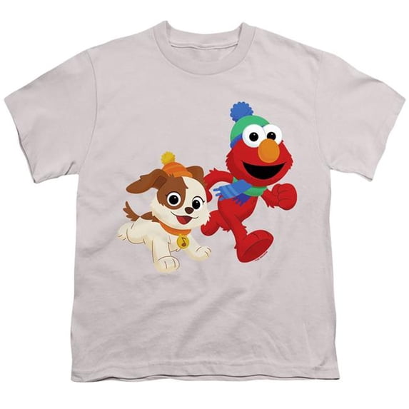 Trevco Sportswear SST10073-YT-3 Sesame Street Best Friends, Elmo & Tango Winter Fun Youth Short Sleeve T-Shirt, Silver - Large