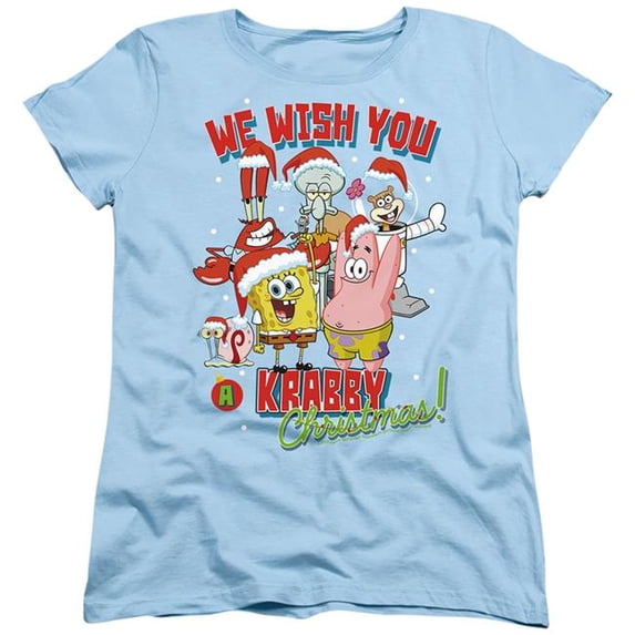 Trevco Sportswear NICK10364-WT-1 Spongebob Crabby Christmas Womens Short Sleeve T-Shirt, Light Blue - Small