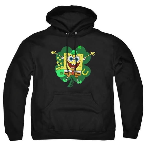 Trevco Sportswear NICK10262SPD-AFTH-1 Spongebob Squarepants St. Patricks Day Spongey Four Leaf Clover Adult Pullover Hoodie, Black - Small