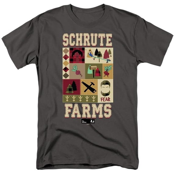 Trevco Sportswear NBC1266-AT-5 The Office Schrute Farms Quilt Adult Regular Fit Short Sleeve T-Shirt, Charcoal - 2X