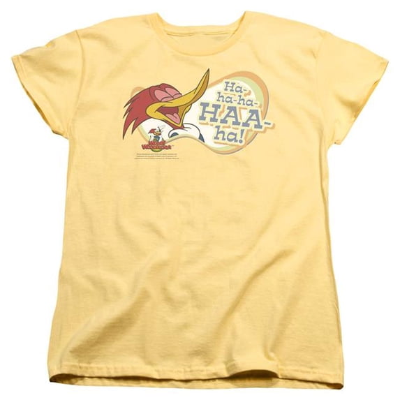 Trevco Sportswear UNI129-WT-1 Woody Woodpecker Famous Laugh Womens Short Sleeve T-Shirt, Banana - Small