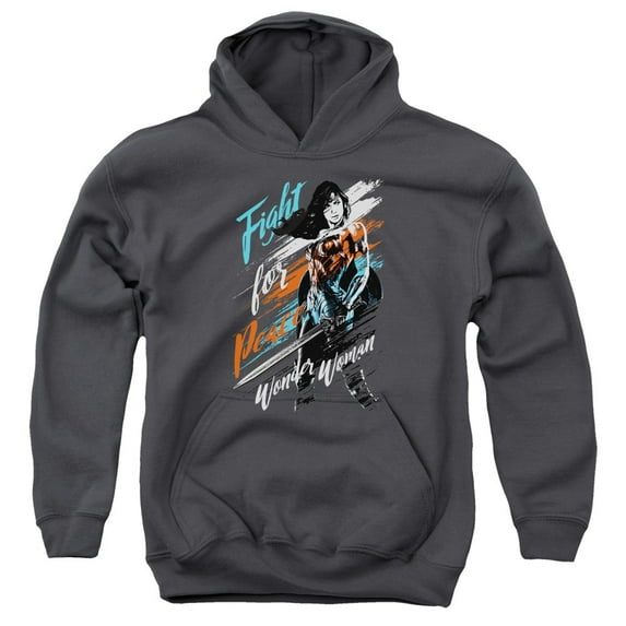 Trevco Sportswear WWM115-YFTH-1 Wonder Woman Movie Fight for Peace Youth Hooded Sweatshirt, Charcoal - Small